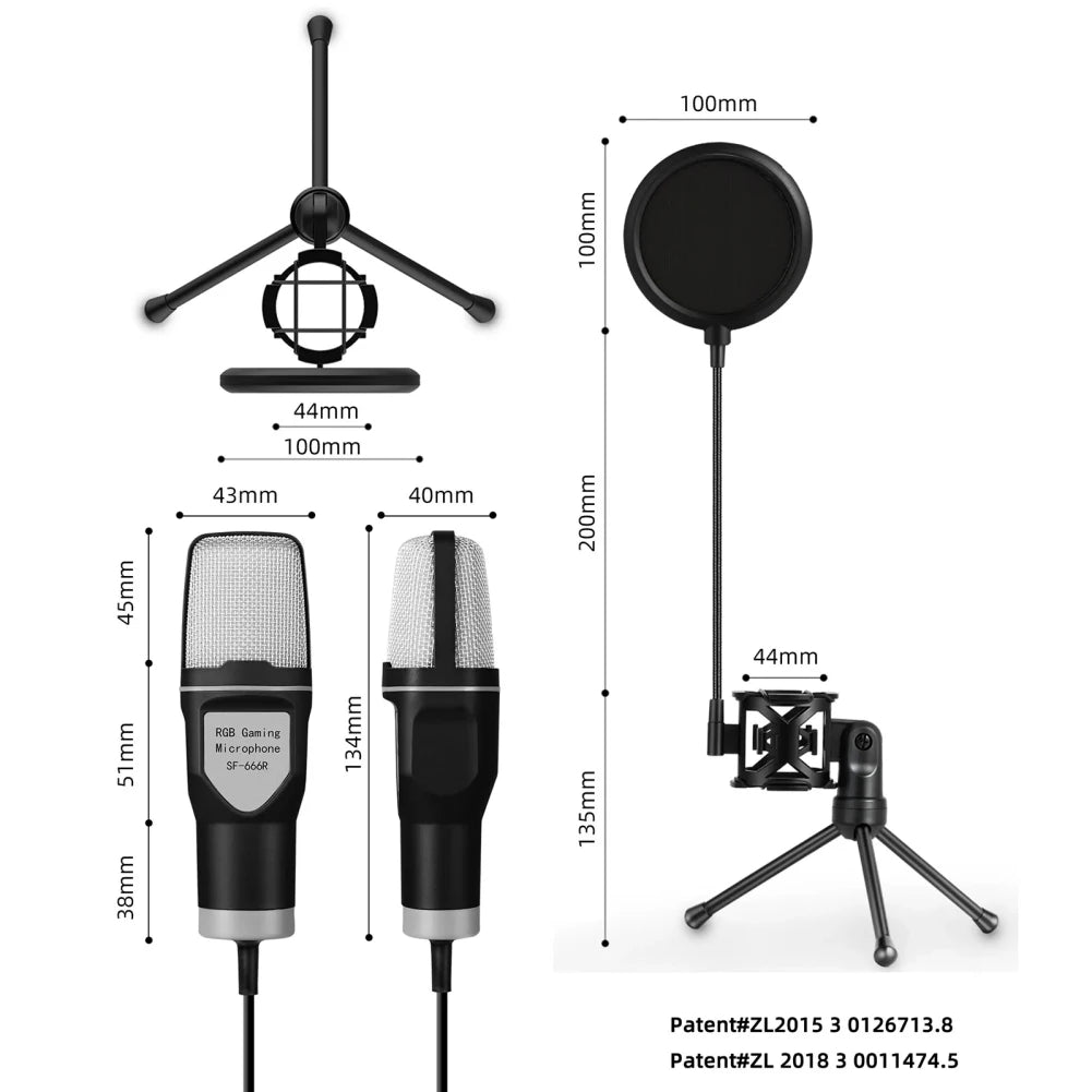 SF666R USB Wired Microphone Noise Reduction RGB Condensador Mic For Interview